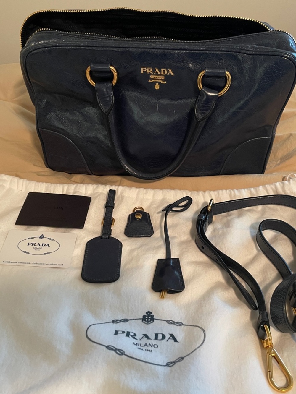 Prada vitello shine denim Leather Tote with Gold Hardware